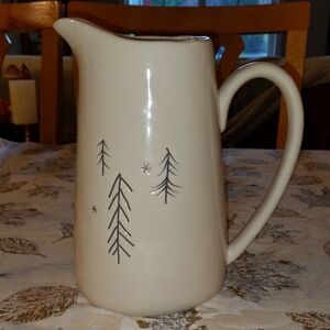 Ceramic Ivory Pitcher Embossed Silver Trees Stars Holiday Winter Party Decor